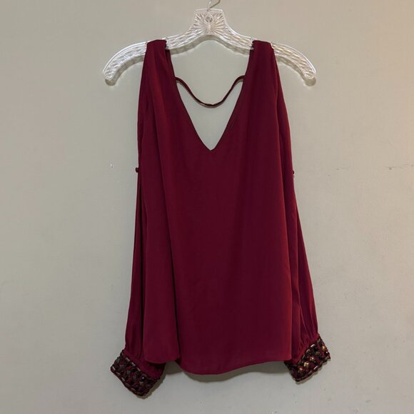 Francesca's Burgundy Cold Shoulder Bead Stone Embellished Shirt Top Size Medium - Picture 1 of 5